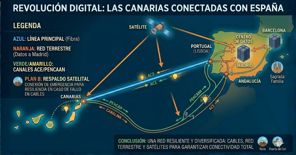 Diagrama de conexión FTTH desde Canarias hasta Madrid.